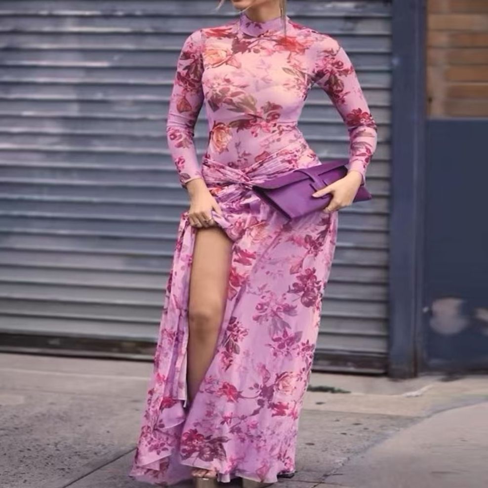 Round Neck Long Sleeve Printed Bow Decoration Split Dress