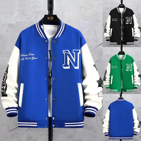 Letter Print Color Block Jacket Fashion Loose Button Round