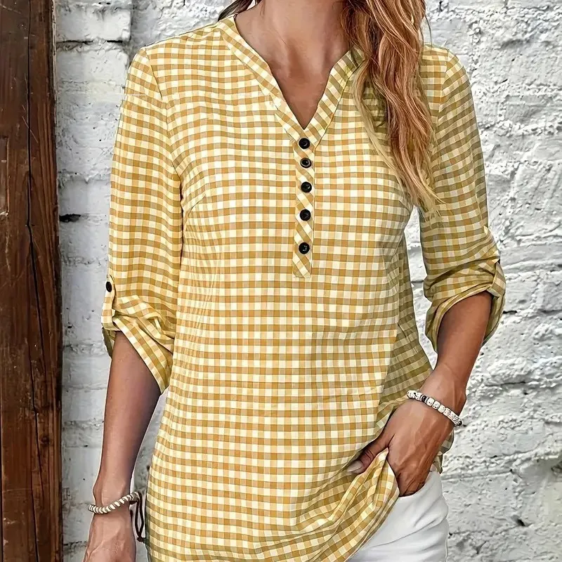 Elegant Retro Plaid Striped Long Sleeve Shirt - Yellow