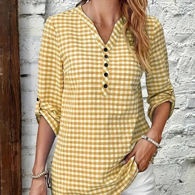 Elegant Retro Plaid Striped Long Sleeve Shirt Yellow - Shop at LoveMi