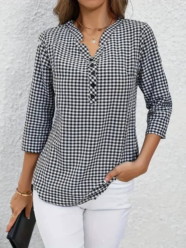 Elegant Retro Plaid Striped Long Sleeve Shirt Black - Shop at LoveMi
