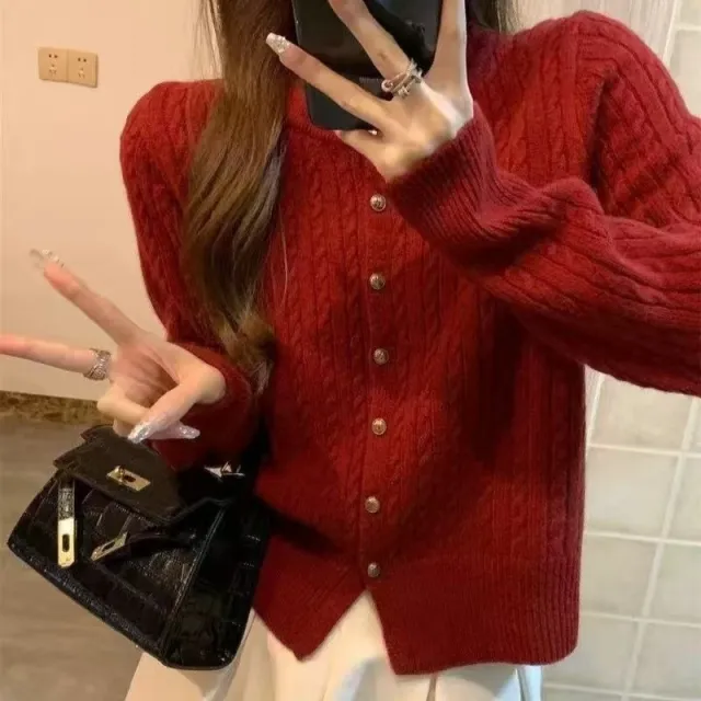Gray Twist Small Golden Button Knitted Cardigan Wool Wine Red - Shop at LoveMi