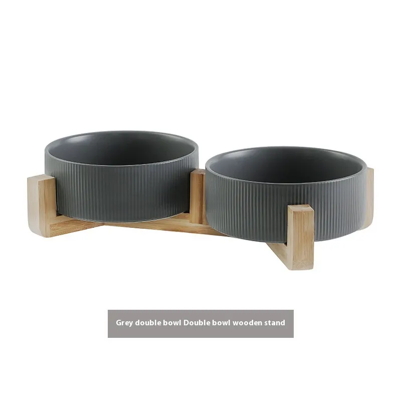 Pet Simple Wooden Frame Anti-tumble Ceramic Bowl - Grey Double Bowl Wooden Rack