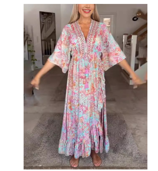 Color National Style Middle-sleeve Floral-print Dress