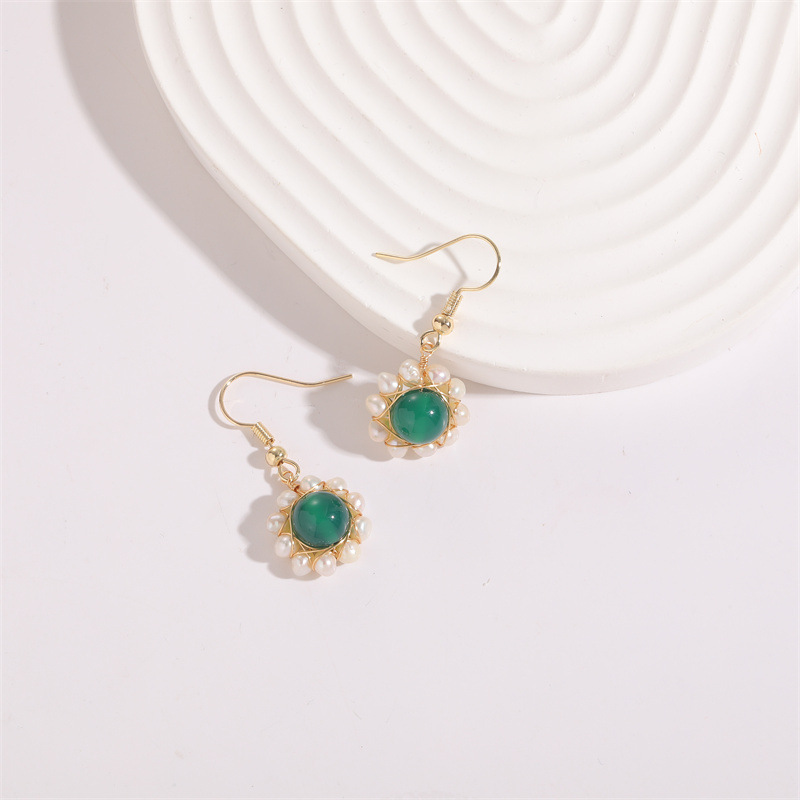 Hand-wound Water Pearl Earrings Natural Stone Emerald Green