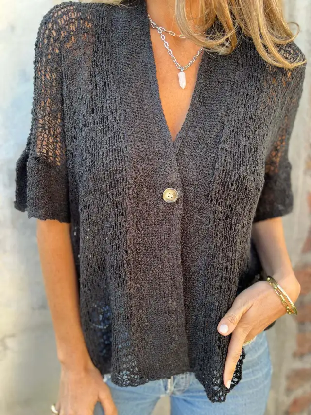 V neck Single button Half sleeved Cardigan Hollow Out Knitted Tops For Women Clithing Black - Shop at LoveMi