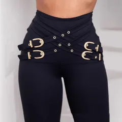 European And American Waist Metallic Belt Decorative High Waist High Elastic Tight Skinny Pants - Black - View 1