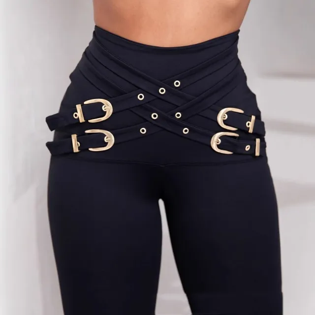 European And American Waist Metallic Belt Decorative High Waist High Elastic Tight Skinny Pants Black - Shop at LoveMi