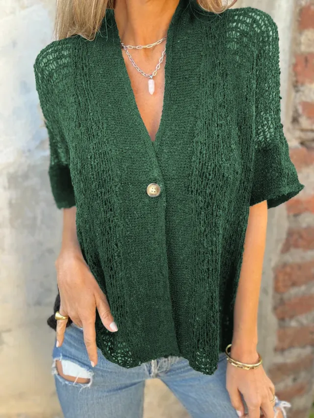 V neck Single button Half sleeved Cardigan Hollow Out Knitted Tops For Women Clithing Green - Shop at LoveMi