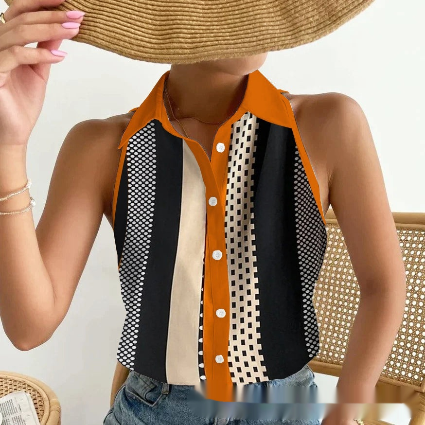 قميص بدون أكمام بياقة قابلة للطَي بيضاء