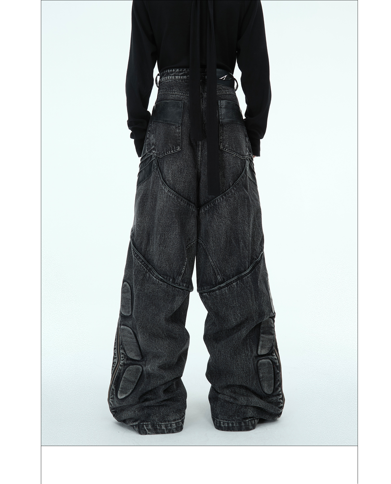 Heavy Washed Black Armor Jeans Deconstructed PU Leather Stitching Trousers