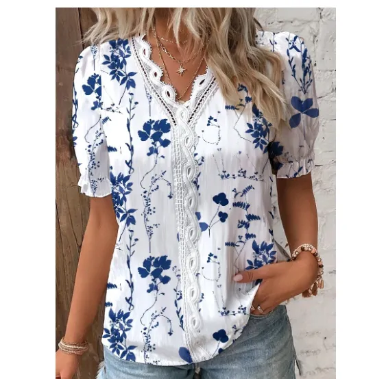 Summer V neck Lace Stitching Printing Shirt For Women White - Shop at LoveMi