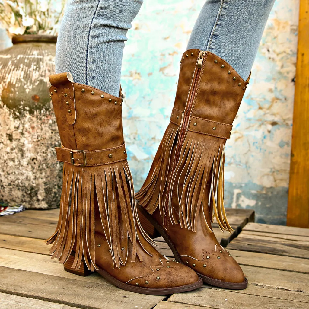 Retro Winter Fashion Square Heel Boots - Brown