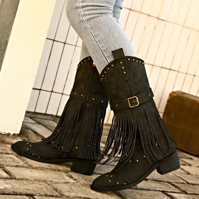 Retro Winter Fashion Square Heel Boots Black - Shop at LoveMi