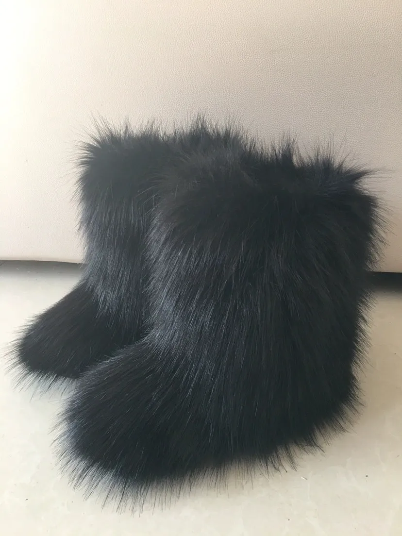 Raccoon Dog Fox Fur Fur Snow Boots - Black