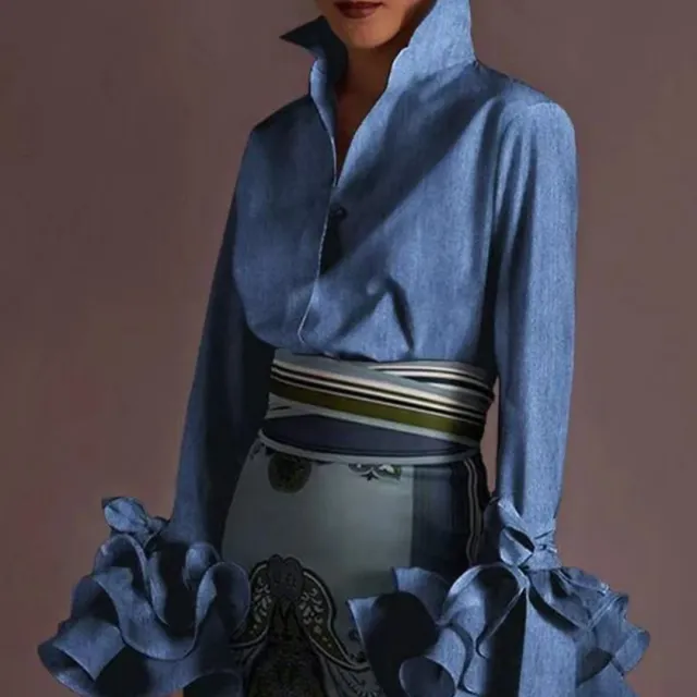 Women's Ruffled Flared Sleeve Pleated Long Sleeve Shirt Blue - Shop at LoveMi