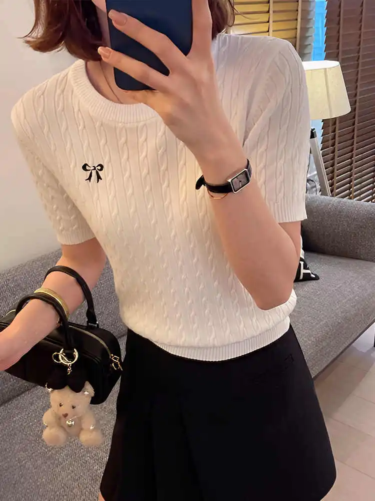 All-matching Pullover Bow Embroidery Twist Knitted Short Sleeve - White