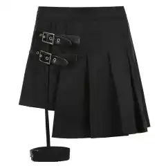 Dark Leg Ring Asymmetric High Waist Pleated Skirt Half-length Short - Black - View 1