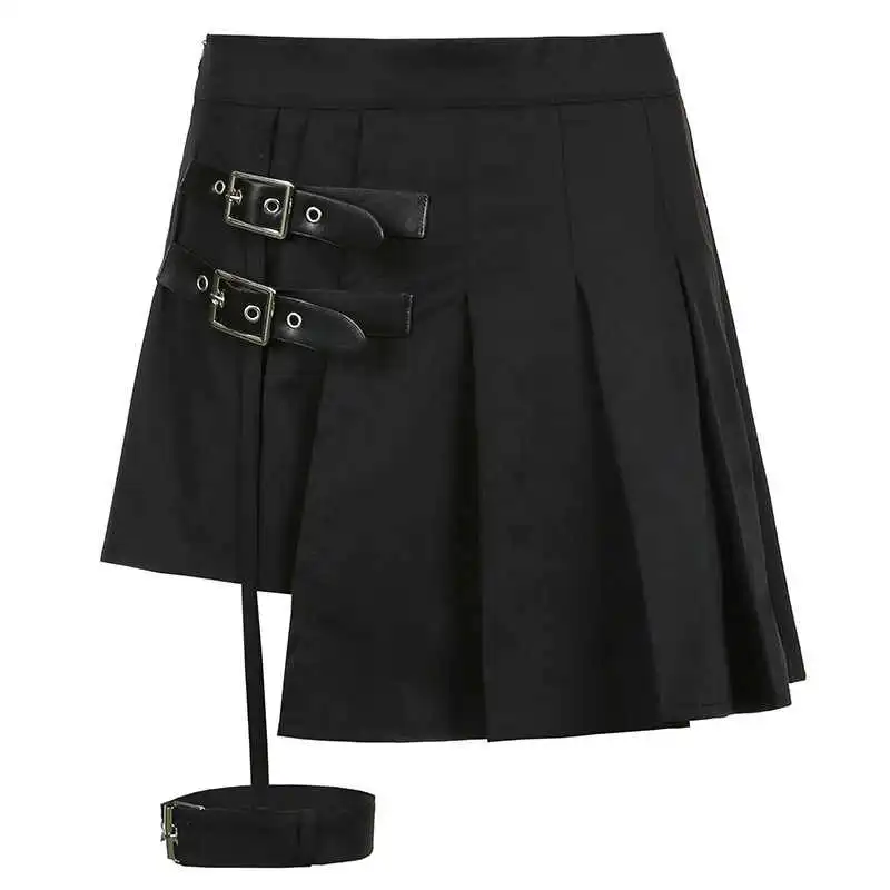 Dark Leg Ring Asymmetric High Waist Pleated Skirt Half-length Short - Black