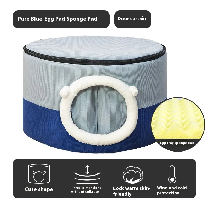 Winter Warm Cat House Cat Nest Closed - Dark Blue Light Blue