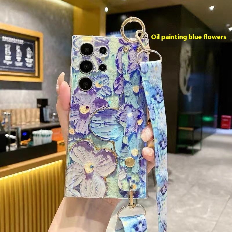Blue Light Rhinestone Oil Painting Flower Rhinestone Wristband Phone Case