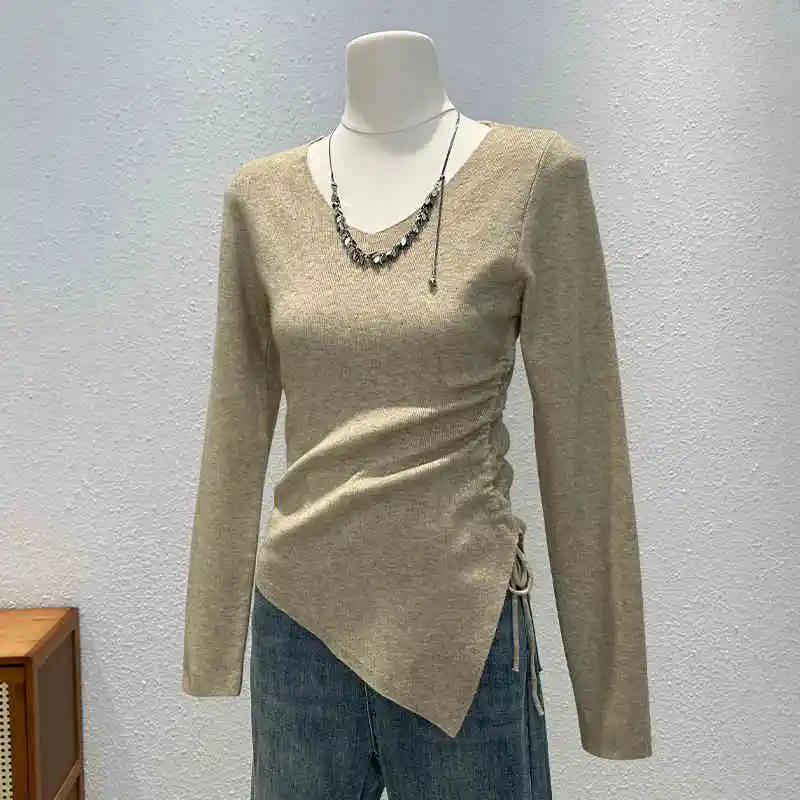 Knitted Long-sleeved T-shirt Women's Slim Bottoming Shirt Pleating Split Top - Oats-S
