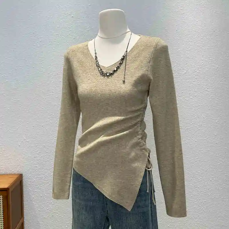 Knitted Long-sleeved T-shirt Women's Slim Bottoming Shirt Pleating Split Top
