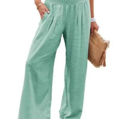 Women's Pants Casual Wide Leg Cotton Linen Loose Trousers - Emerald