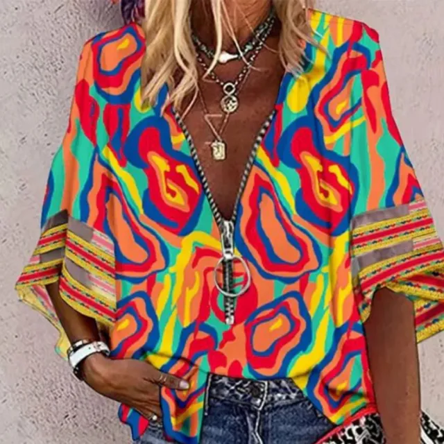 Printed V neck Loose Zip Slim fit Casual Short sleeved Women's Top Color Xxl - Shop at LoveMi