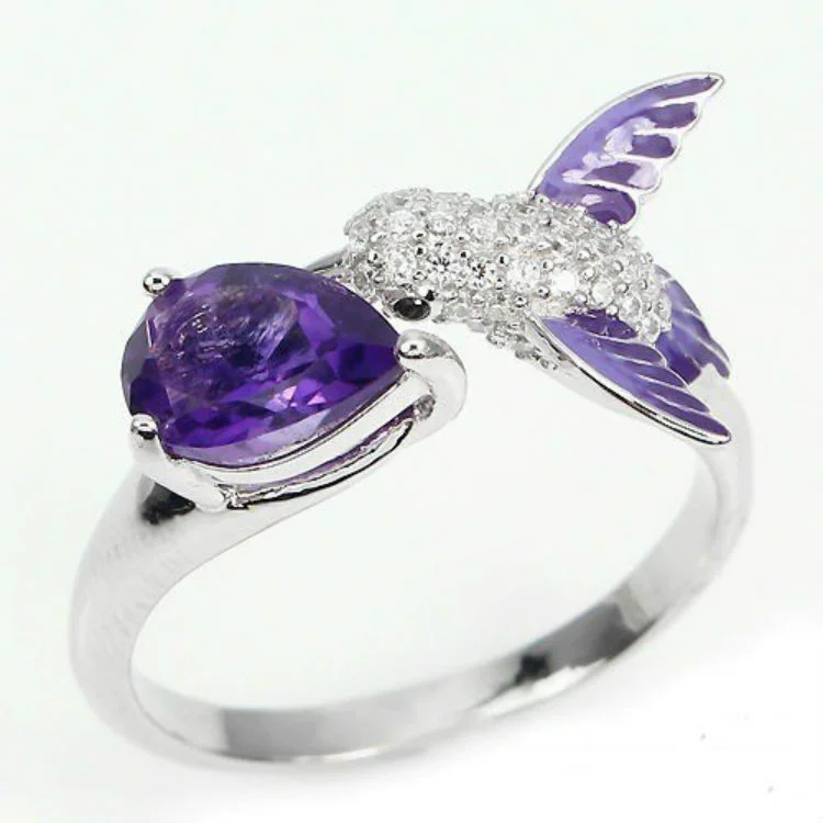 Purple Droplet Diamond Ring Bird Adjustable Trendy Female Ring Wholesale