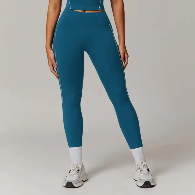 Fitness Contrast Color High Waist Nude Feel Pocket Yoga Pants Deep Sea Blue - Shop at LoveMi