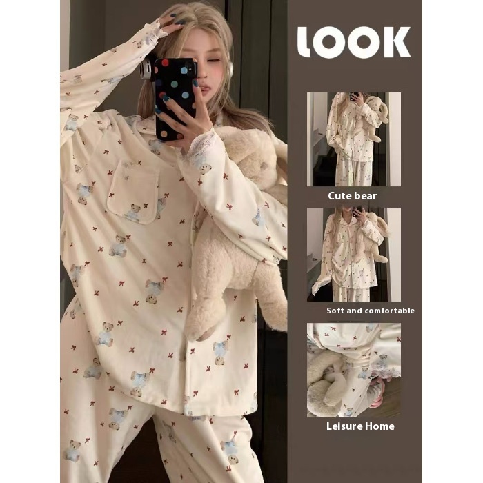 Coral Fleece Soft Skin-friendly Homewear Fleece-lined Thick Warm Pajamas Suit Female Winter