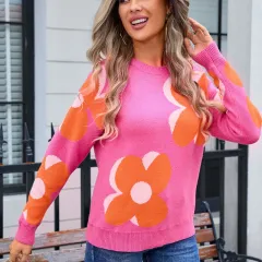 Autumn And Winter New Women's Printed Sweater Round Neck Fashion - Rose Red - View 1