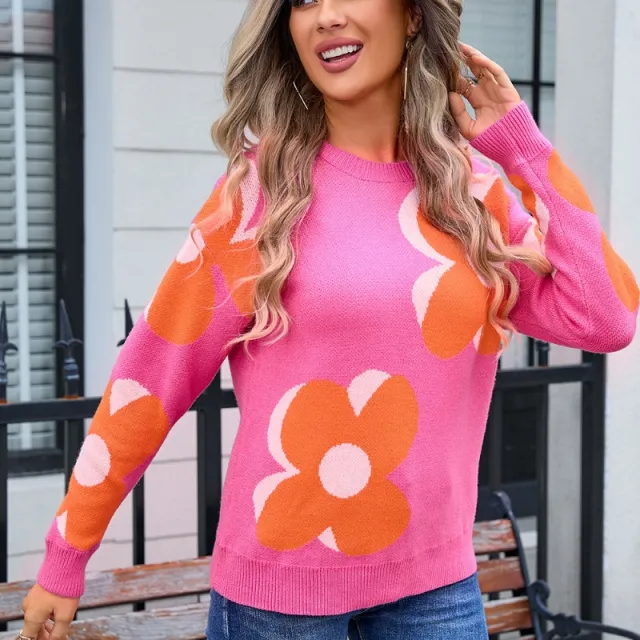 Autumn And Winter New Women's Printed Sweater Round Neck Fashion Rose Red - Shop at LoveMi