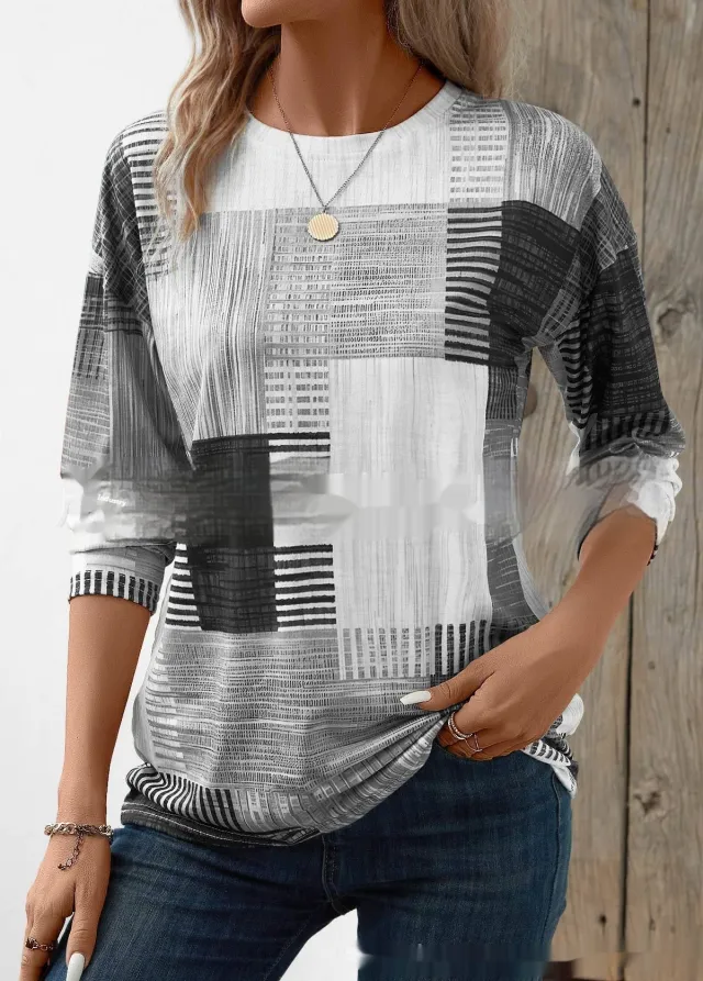 Women's Printed Round Neck Long Sleeve Top No 3 Color L - Shop at LoveMi