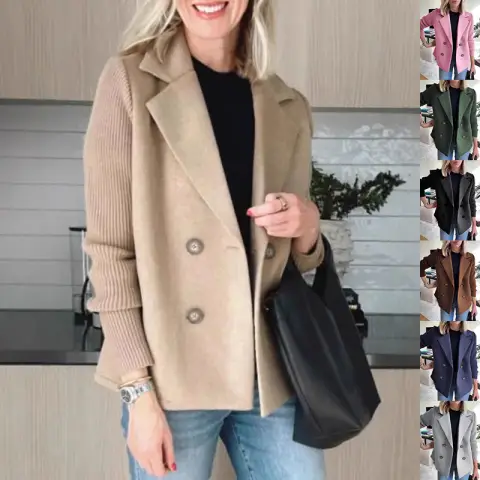 Double breasted lapel jacket fashion knitted sleeves splicing design coa