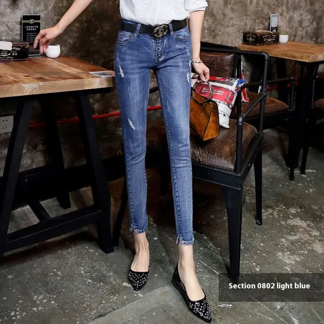 Cropped Jeans Women's Skinny Stretch Tight Ripped Pencil Pants 0802 Light Blue - Shop at LoveMi