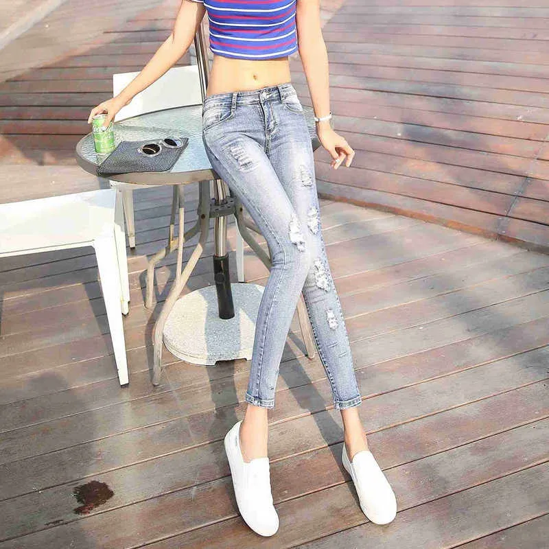 Cropped Jeans Women's Skinny Stretch Tight Ripped Pencil Pants