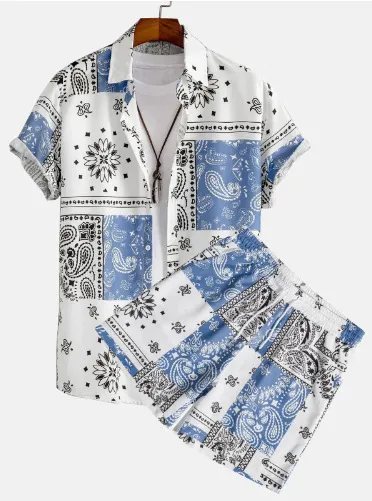 Cardigan Casual Printed Short Sleeves Shirt Beach Suit Men - Suit 43-4Xl