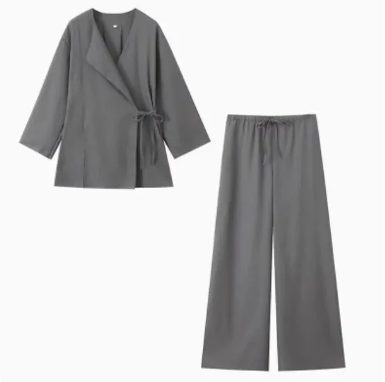 Women's Linen Kimono Cross Coat Fluid Pants Gray Suit - Shop at LoveMi