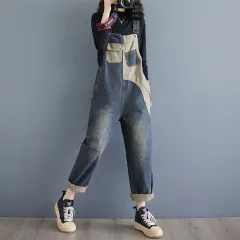 Autumn New Plus Size Loose Denim Suspender Pants - Blue - View 1