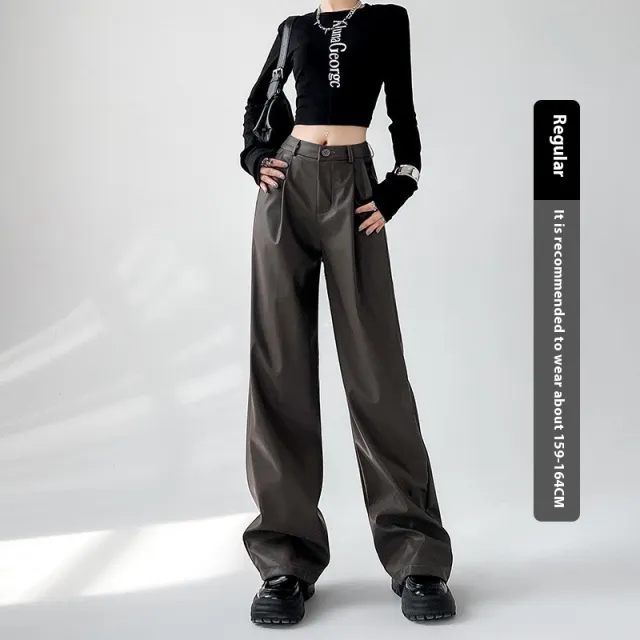 Personalized Fashion Narrow Straight Slim PU Suit Leather Pants Khaki - Shop at LoveMi
