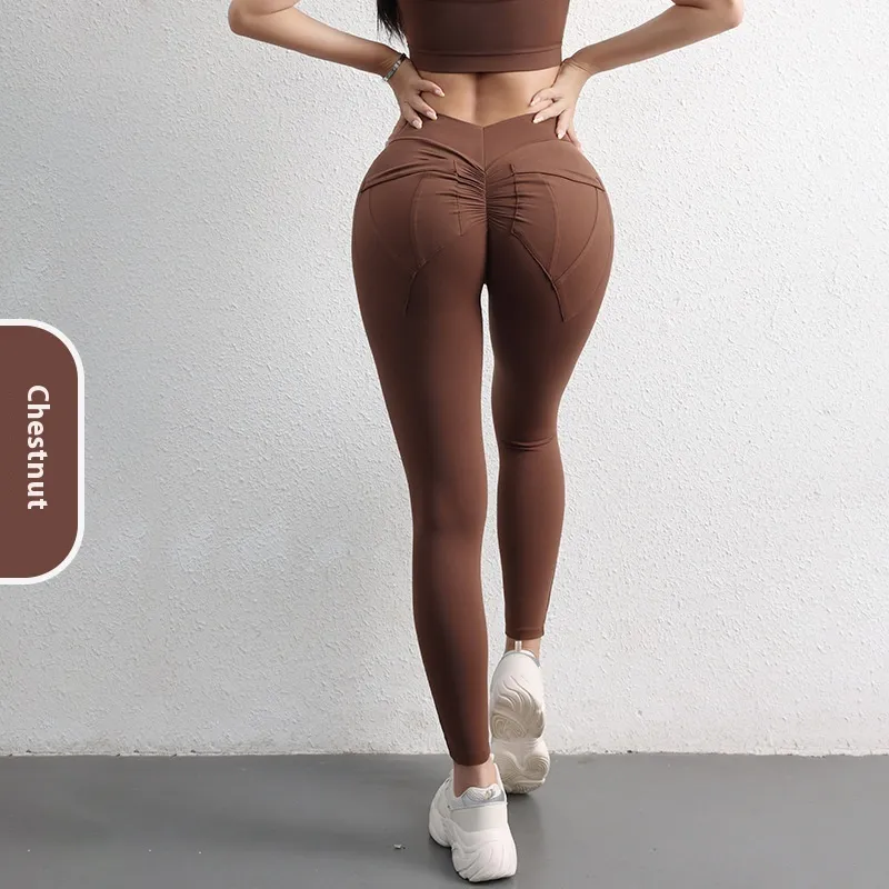 High Waist Hip Lift Yoga Pants With Pockets Women's Sports Fitness Trousers Leggings - Chestnut-L