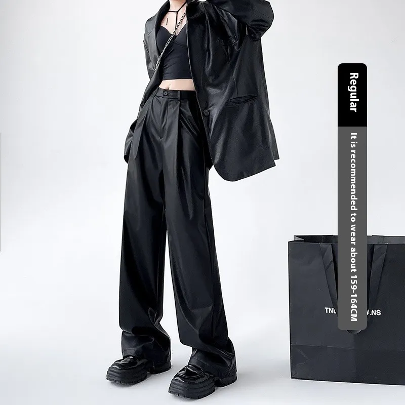 Personalized Fashion Narrow Straight Slim PU Suit Leather Pants - Black