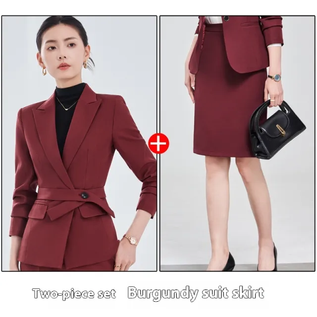 Long Sleeve Small Suit Collar Coat Women's Shirt Pants Suit Wine Red Suit Skirt - Shop at LoveMi