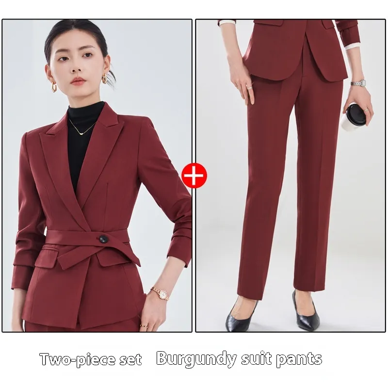 Long Sleeve Small Suit Collar Coat Women's Shirt Pants Suit - Wine Red Suit Pants
