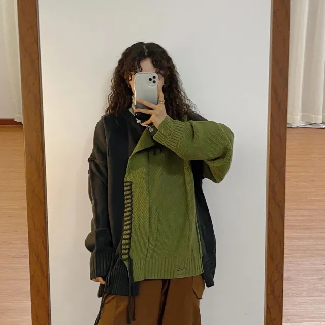 Style Top Knitted Coat Stitching Fashion Black Green - Shop at LoveMi