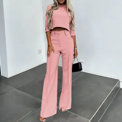 Women's Clothing Solid Color Commute Graceful Half Sleeve Midriff baring Top High Waist Wide Leg Pants Suit Pink - Shop at LoveMi