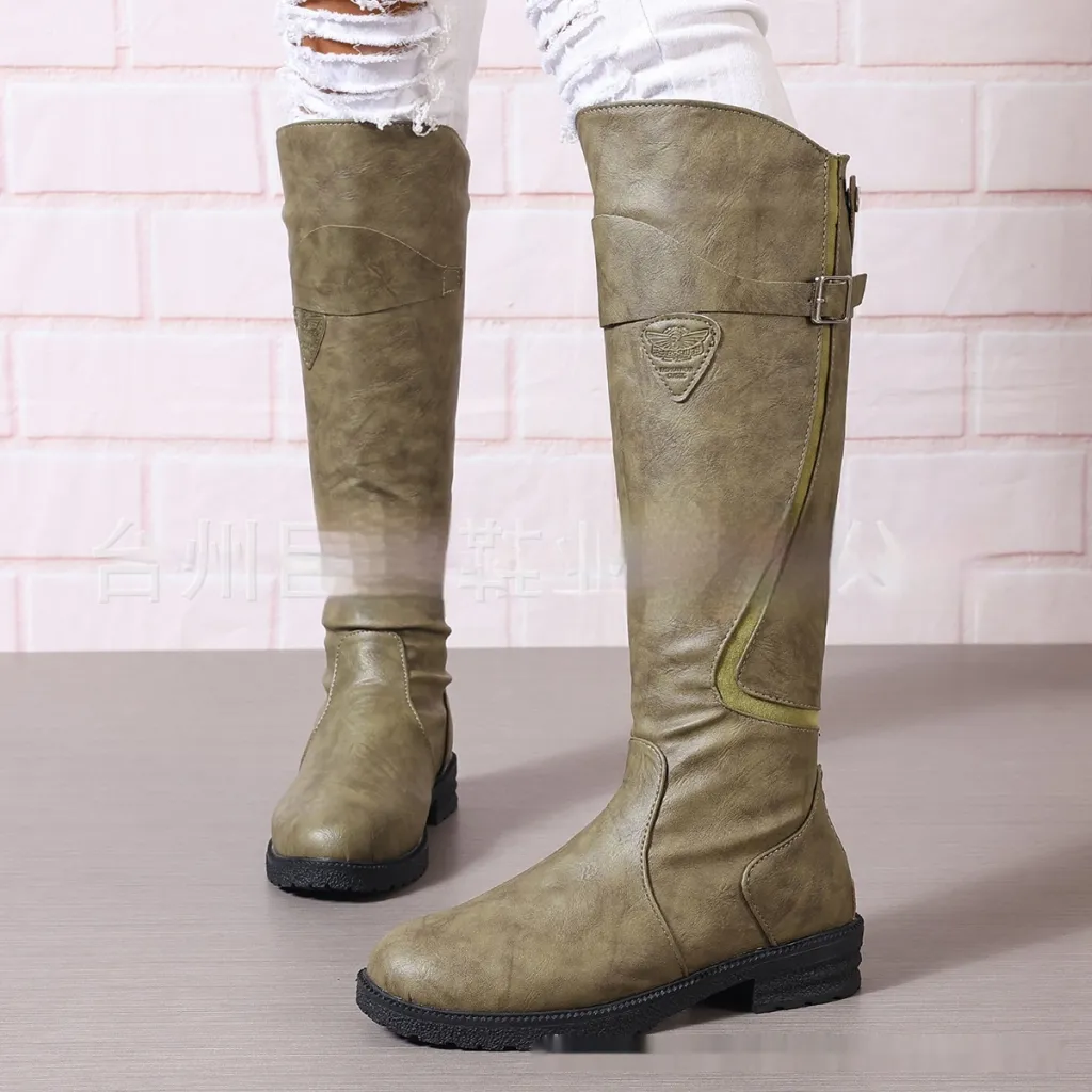 Flat Bottom Plus Size Women's Leather Boots - Green