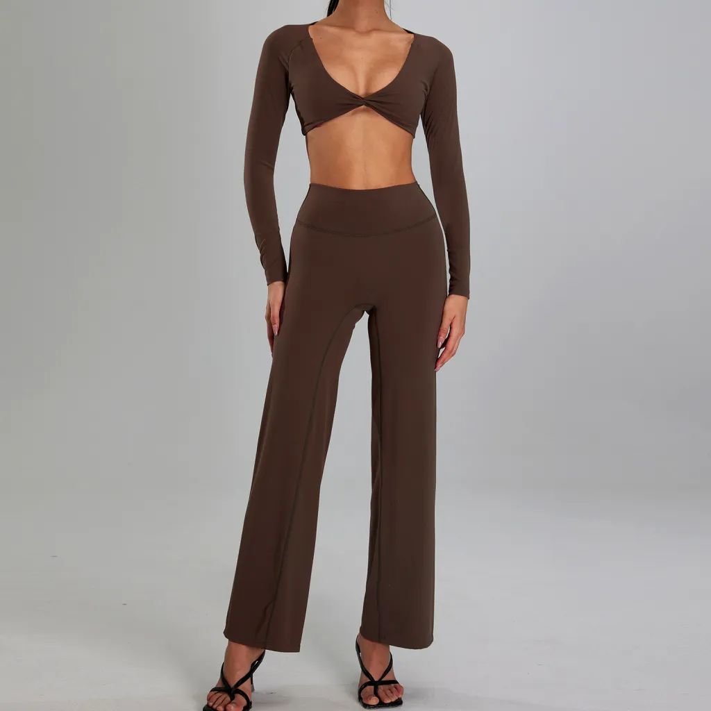 High-intensity Sports Suit Outdoor Running Nude Feel Workout Clothes Slimming High Waist - Dark Brown Long Sleeved Pants
